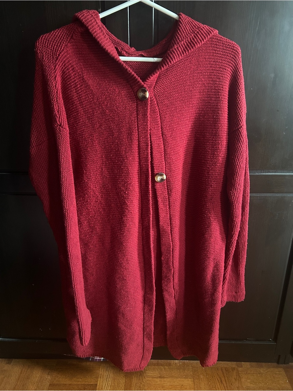 Red Hooded Button-Front Women's Sweater Cardigan